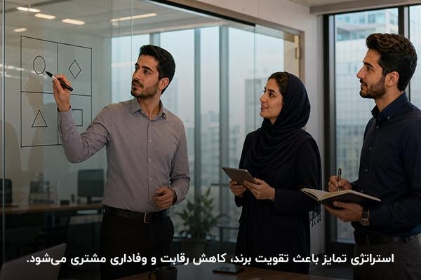 یک مرد کارشناس در حال کشیدن نمودار روی تخته شیشه‌ای و یک مرد و زن ایستاده در حال مشاهده 