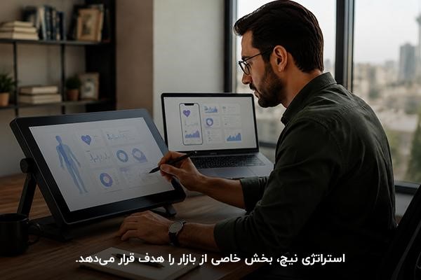 مرد ایرانی در حال کار و طراحی در لپ‌تاپ نشسته پشت میز در فضای کاری 