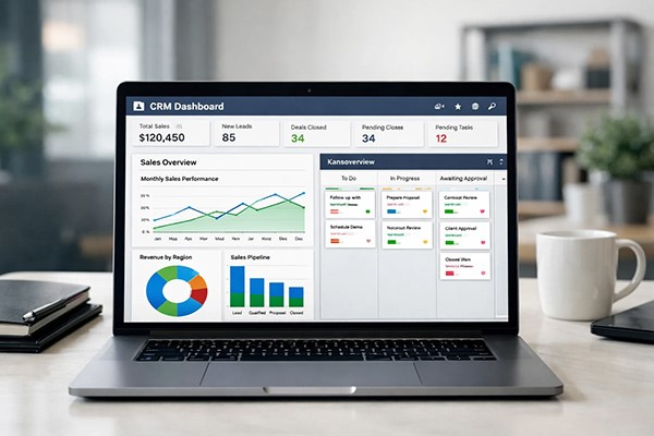 یک لپ‌تاپ روی میز کار با داشبورد CRM