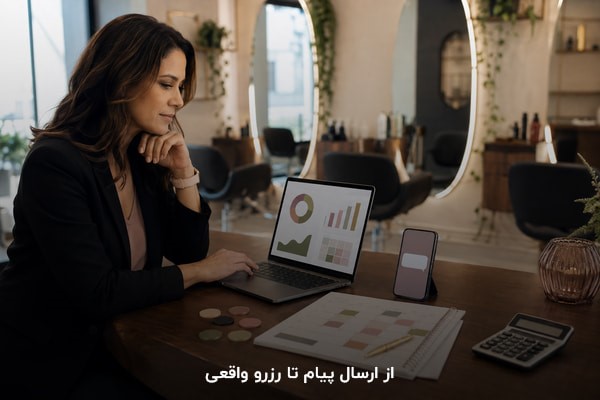 مدیر سالن در حال بررسی آمار پیام‌ها، رزروها و نتیجه کمپین تخفیف کراتین