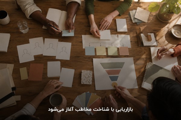 تیم بازاریابی در حال بررسی مخاطبان، مسیر مشتری و پیشنهاد کسب‌وکار