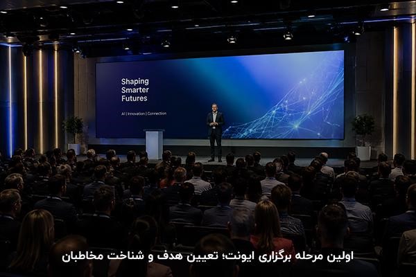 نمای داخلی از فضای ایونت با نور کم  و نمایشگر بزرگ و افرادی نشسته روی صندلی